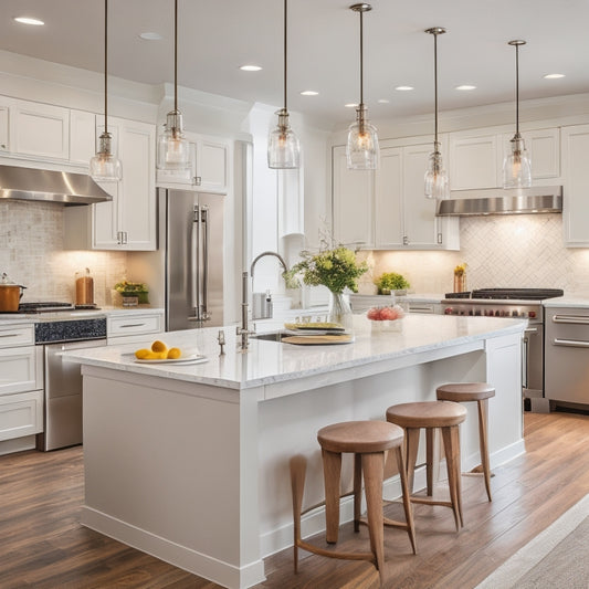 A bright, modern kitchen with sleek, stainless steel appliances, white quartz countertops, and warm, honey-brown hardwood floors, featuring a large island with pendant lights and a decorative backsplash.