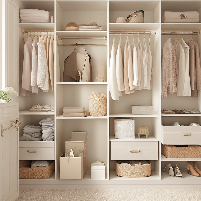 A serene, well-organized small closet with a soft, creamy light beige background, featuring a mix of shelves, drawers, and hanging rods, with a few stylish, minimalist clothing items and accessories.
