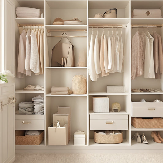 A serene, well-organized small closet with a soft, creamy light beige background, featuring a mix of shelves, drawers, and hanging rods, with a few stylish, minimalist clothing items and accessories.