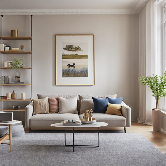 A serene, well-lit living room with a minimalist aesthetic: a sleek, low-profile sofa, a few choice art pieces, and a floor-to-ceiling shelving unit with carefully curated decorative objects.