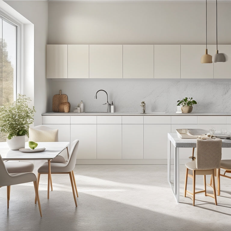 A serene, light-filled kitchen featuring a sleek, low-profile island with a built-in sink, paired with a minimalist dining table and two matching chairs, set against a backdrop of crisp white walls and polished concrete floors.