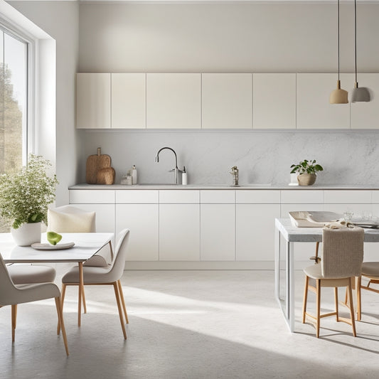 A serene, light-filled kitchen featuring a sleek, low-profile island with a built-in sink, paired with a minimalist dining table and two matching chairs, set against a backdrop of crisp white walls and polished concrete floors.