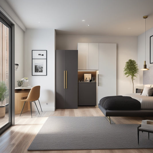 Render an image of a sleek, modern studio apartment with a Murphy bed hidden behind a floor-to-ceiling sliding panel, surrounded by minimalist decor and ample natural light.