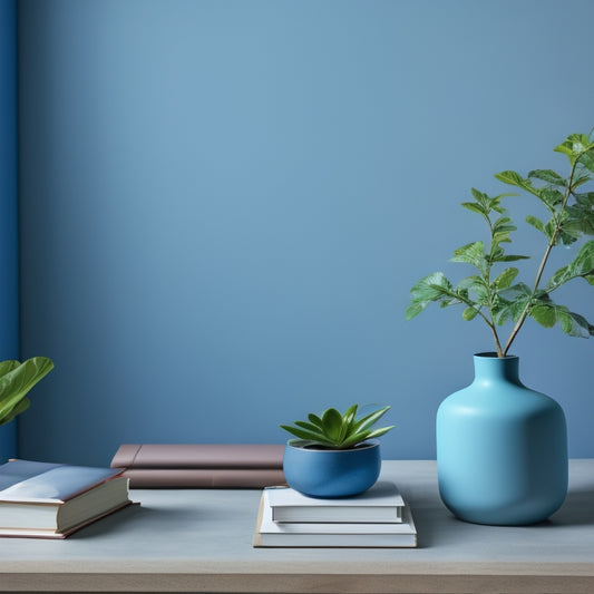 A serene, minimalist workspace with a laptop, a single, slender vase with a sprig of greenery, and a few, neatly stacked books, surrounded by a subtle, gradient blue background, exuding calm organization.