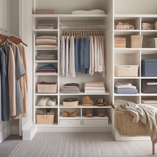 A serene, well-lit closet interior with neatly arranged rows of clothes on shelves, organized by type and color, and a few elegant storage bins and baskets on the floor.