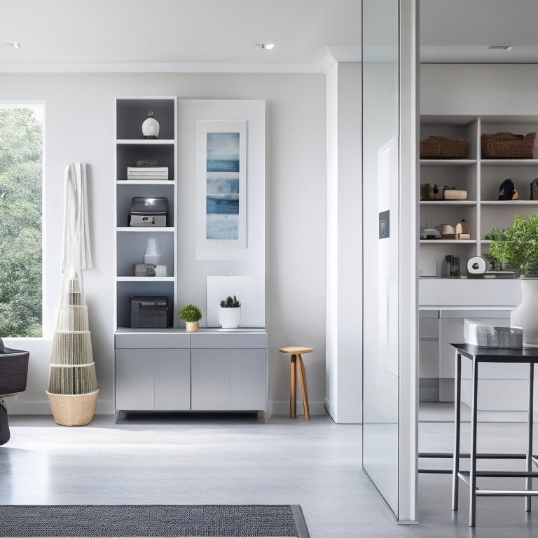 A modern home interior with a sleek, minimalist aesthetic, featuring a wall-mounted tablet displaying a digital floor plan, surrounded by neatly organized shelves, baskets, and a robotic vacuum.