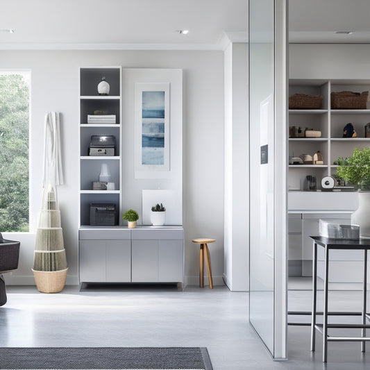 A modern home interior with a sleek, minimalist aesthetic, featuring a wall-mounted tablet displaying a digital floor plan, surrounded by neatly organized shelves, baskets, and a robotic vacuum.