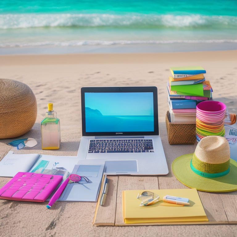 A colorful, clutter-free desk with a laptop, planner, and a few neatly arranged homeschooling materials, surrounded by a subtle beach-inspired background with a hint of sunlight.