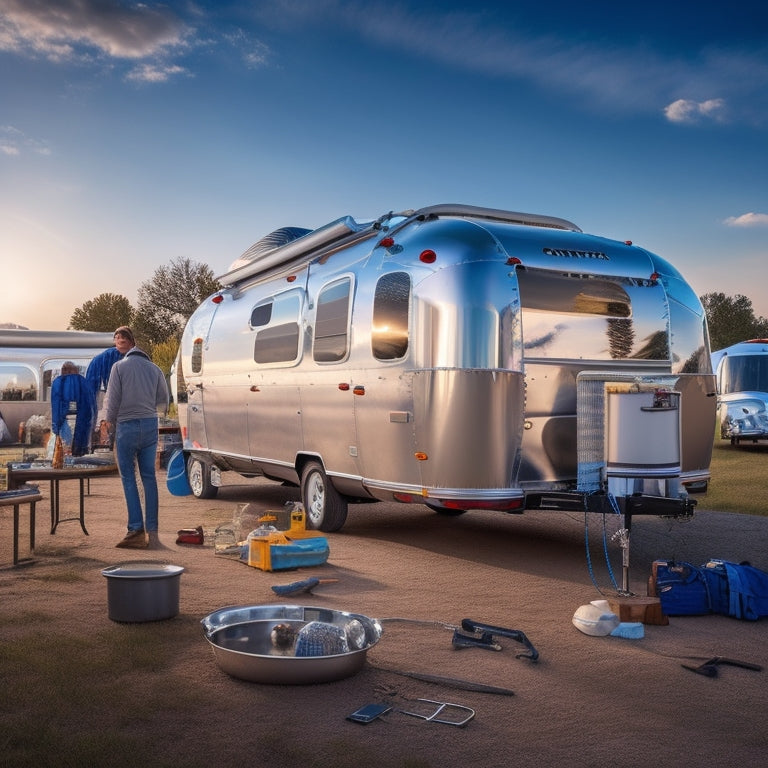 A well-lit Airstream trailer on a sunny day, with tools and equipment scattered around it, including a wrench, screwdriver, and bucket, and a person in the distance, kneeling to inspect the underside.