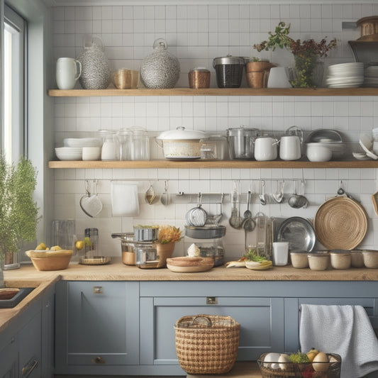 A tidy kitchen countertop with a few, strategically placed baskets and containers, a small appliance on the counter, and a few utensils hung from a rack on the wall.