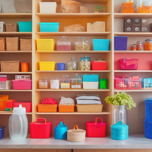 A colorful and neatly organized workspace with various labeled storage bins, folders, and jars, featuring a mix of modern and rustic elements, against a bright white or light-wood background.