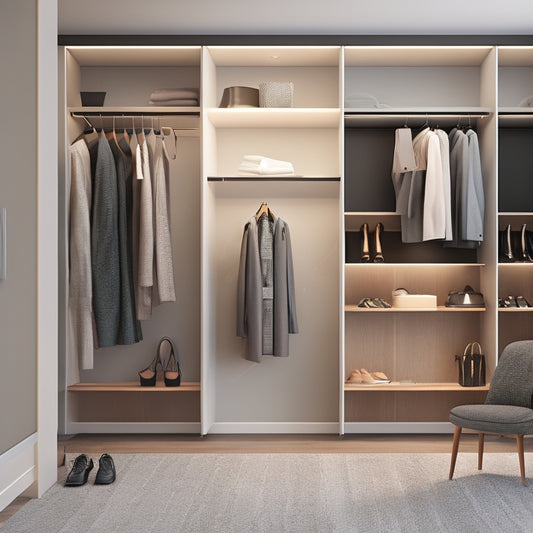 A minimalist illustration of a stylish, walk-in closet with a large, wall-mounted screen displaying a 3D closet design, surrounded by clothes, shoes, and accessories, with a sleek, modern chair in the corner.