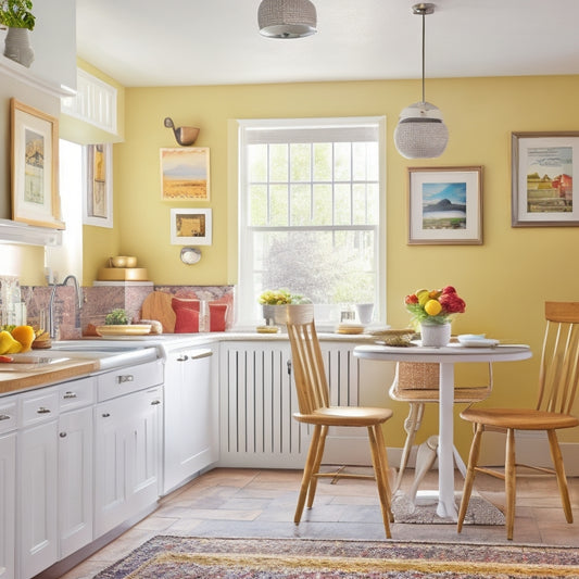 A warm, sunlit kitchen with creamy white cabinets, stainless steel appliances, and a small, round wooden table with three mismatched chairs, surrounded by playful, colorful artwork on walls.