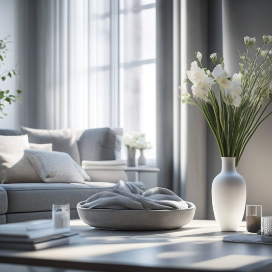 A serene, minimalist living room with a few carefully placed possessions, a vase with fresh flowers, and a subtle hint of natural light peaking through the blinds, contrasting a cluttered corner in the background.