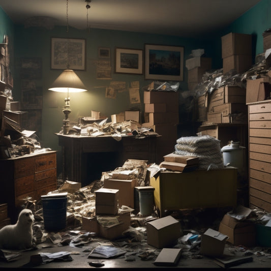 A cluttered, dimly lit room with piles of stacked boxes, old furniture, and trash, with a faint outline of a father in the background, surrounded by chaos and disarray.