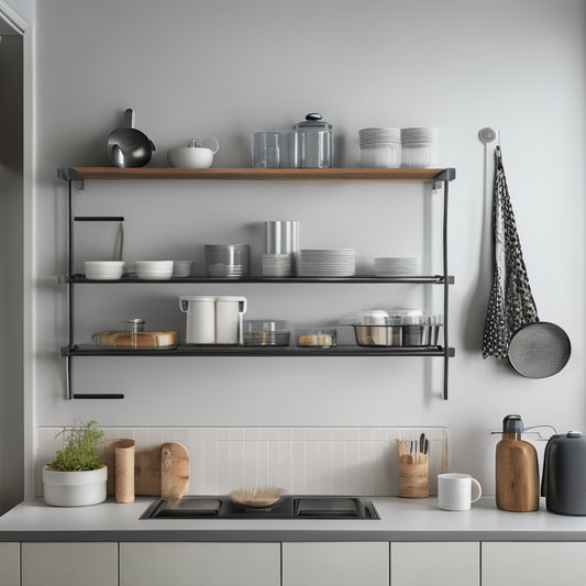 A sleek, modern kitchen with various wall-mounted storage solutions: a utensil organizer with dividers, a tiered spice rack, a foldable dish drying rack, and a set of minimalist shelves holding cookbooks.
