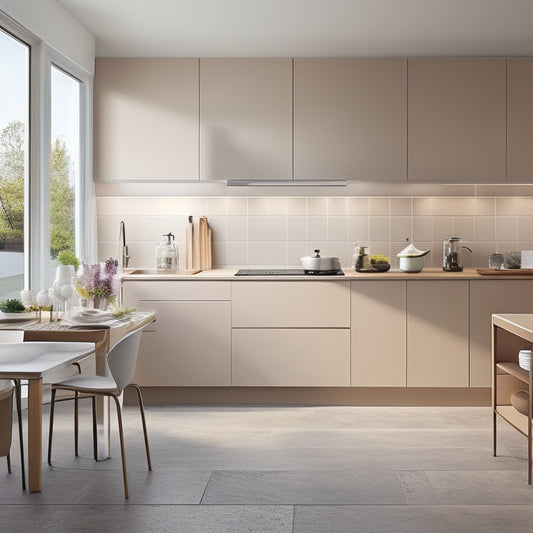 A modern kitchen with sleek, handleless cabinets in a neutral color palette, featuring a compact L-shaped counter, a wall-mounted foldable table, and a retractable range hood.