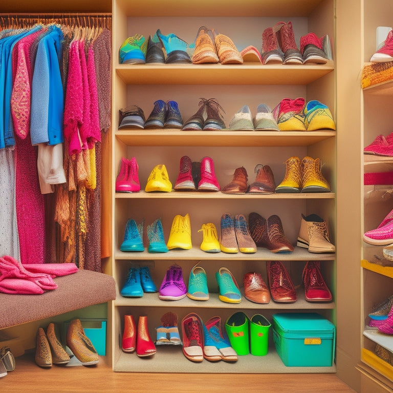 A cluttered closet with overflowing shelves, shoes spilling onto the floor, and a lone shoebox in the corner, surrounded by scattered heels, sneakers, and boots in disarray.