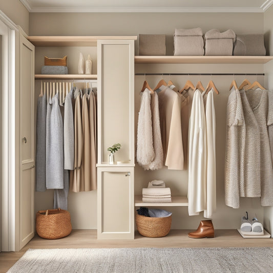 A serene, well-lit closet with cream-colored walls, sleek wooden shelves, and a plush, gray area rug, featuring a stylish, organized space with a mix of hanging rods and storage compartments.