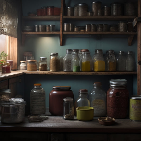 A dimly lit, cluttered kitchen cabinet with a slightly ajar door, revealing a jumble of expired cans, dusty jars, and mysterious containers with worn labels and rusty lids.