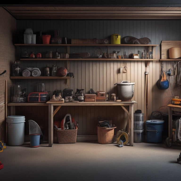 A well-lit garage with a mix of metal and wooden shelves in various shapes and sizes, holding bins, tools, and sports equipment, against a background of concrete and beige walls.