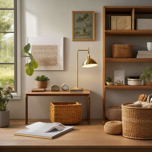 A serene, minimalist room with a few, carefully placed organizing tools: a woven basket, a wooden shelf with neatly stacked books, and a small, sleek desk with a tidy workspace.