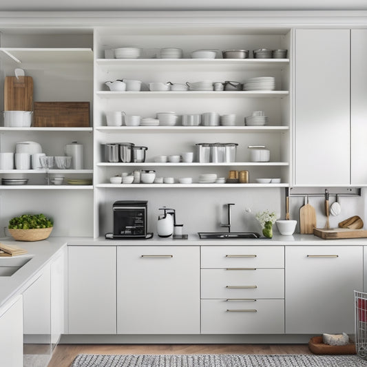 A sleek, modern kitchen with a wall of white cabinets, one of which subtly slides open to reveal a hidden storage compartment filled with neatly organized cookbooks and kitchen utensils.