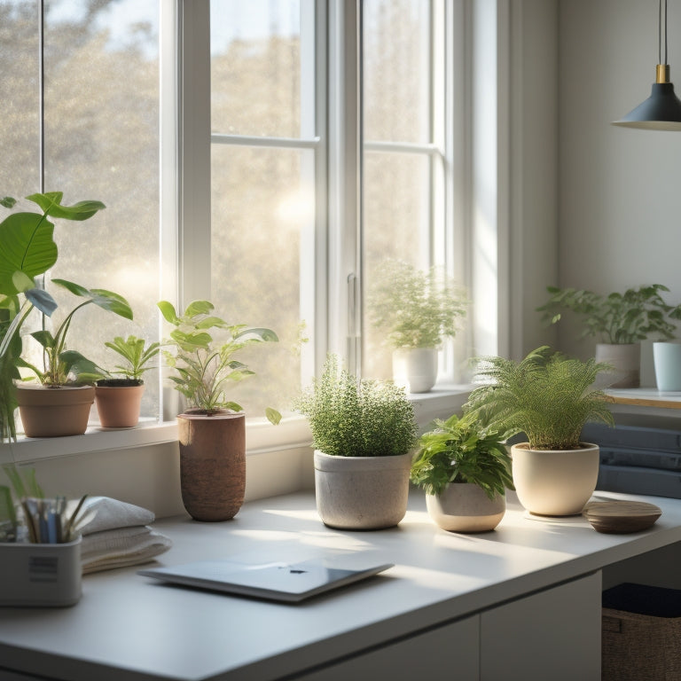 A serene, minimalist room with a neatly organized desk, labeled storage bins, and a few potted plants, illuminated by soft, natural light pouring through a nearby window.