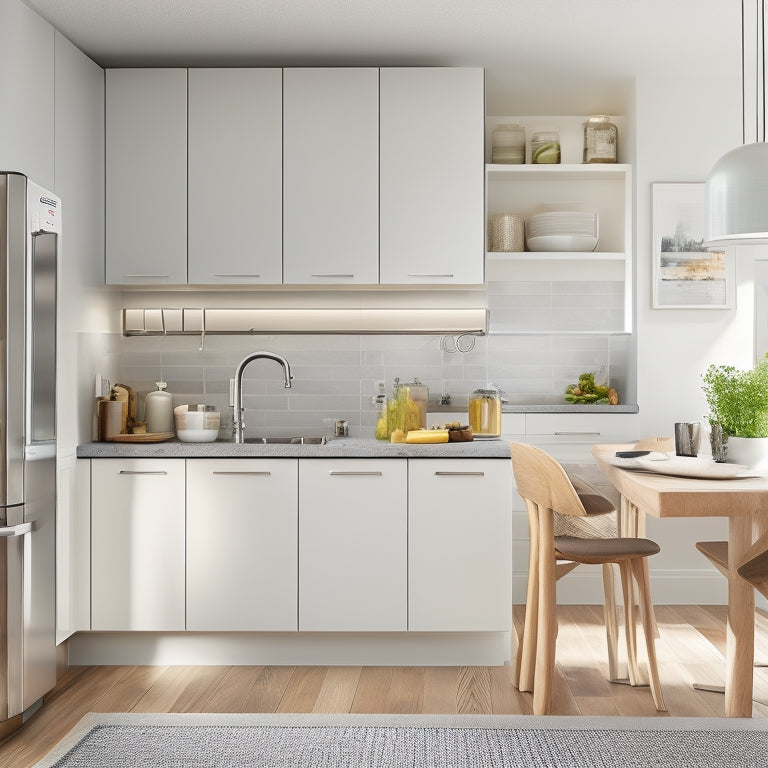 A clutter-free kitchen with a wall-mounted foldable table, a pull-out pantry, and a utensil organizer on the side of a cabinet, surrounded by sleek, modern appliances and ample natural light.