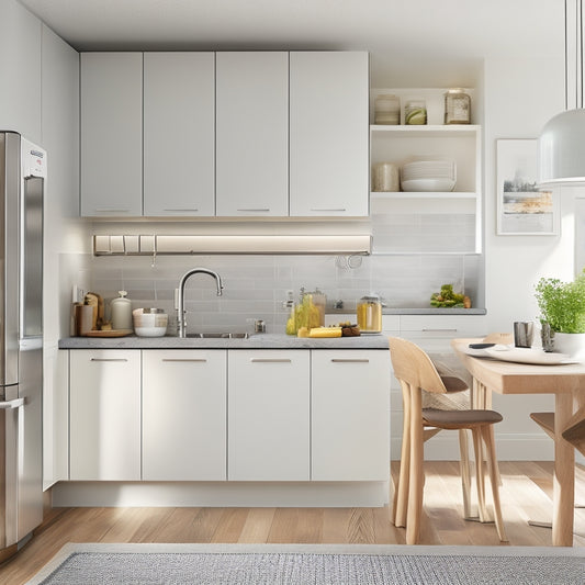 A clutter-free kitchen with a wall-mounted foldable table, a pull-out pantry, and a utensil organizer on the side of a cabinet, surrounded by sleek, modern appliances and ample natural light.