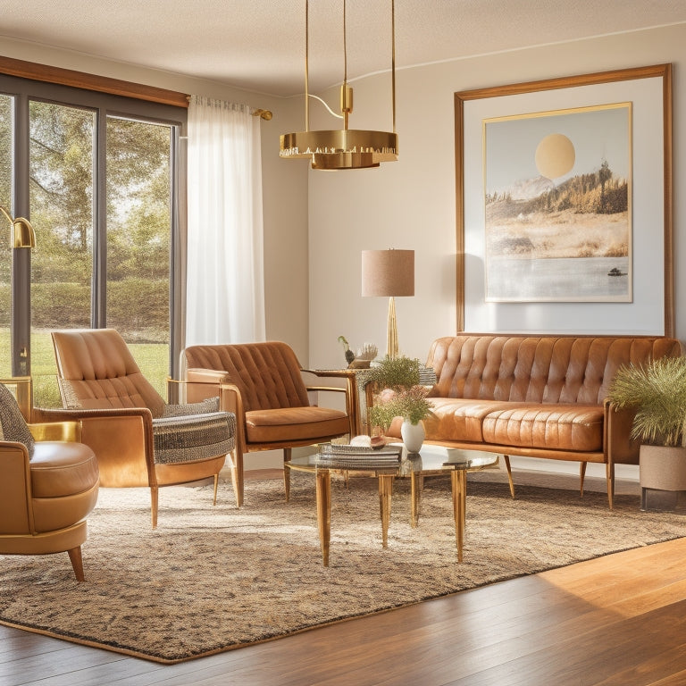 A serene, sun-drenched living room with a restored 1950s ranch house aesthetic: rich walnut paneling, sleek retro furniture, geometric patterned rug, and a statement light fixture in polished brass.