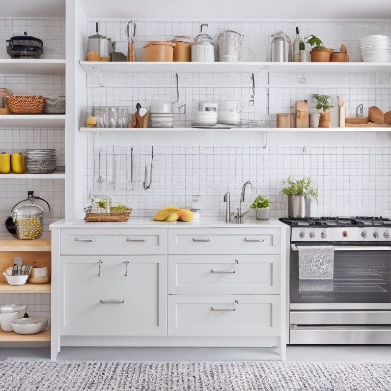 A bright, modern kitchen with sleek white cabinets and stainless steel appliances, featuring a floor-to-ceiling pegboard with utensils and pots, and a wall-mounted pot rack with hanging cookware.