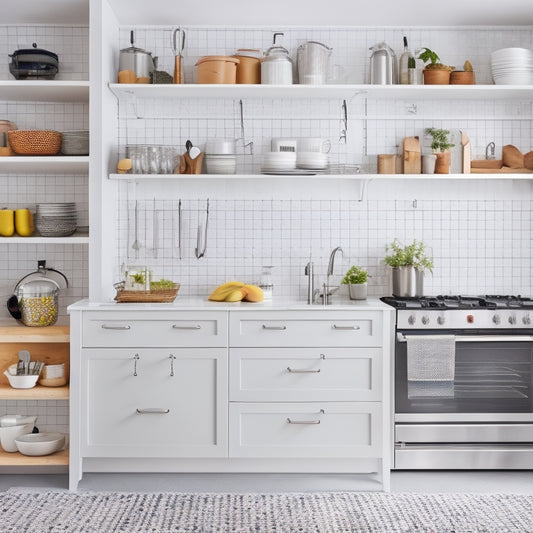 A bright, modern kitchen with sleek white cabinets and stainless steel appliances, featuring a floor-to-ceiling pegboard with utensils and pots, and a wall-mounted pot rack with hanging cookware.