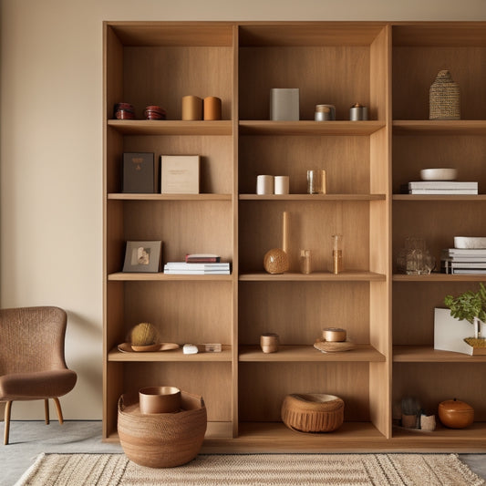 A tidy, minimalist room with a floor-to-ceiling corner shelf, featuring five staggered, rectangular wooden planks in a honey-brown finish, holding various decorative objects and books of varying sizes.