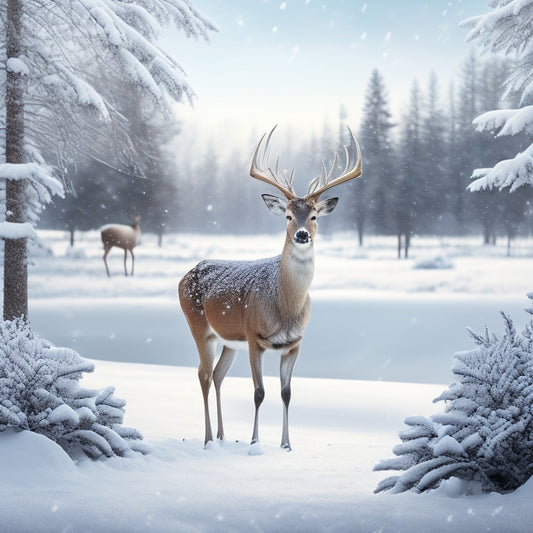 A winter wonderland scene featuring a majestic deer surrounded by snowflakes, pinecones, and frosted glass panels with subtle sparkling effects, set against a soft, creamy white background.