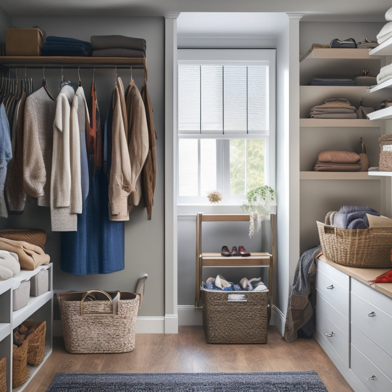 A tidy closet interior with a mix of open shelves, closed cabinets, and hanging rods, featuring a few decorative baskets, bins, and a few neatly arranged clothes and shoes.