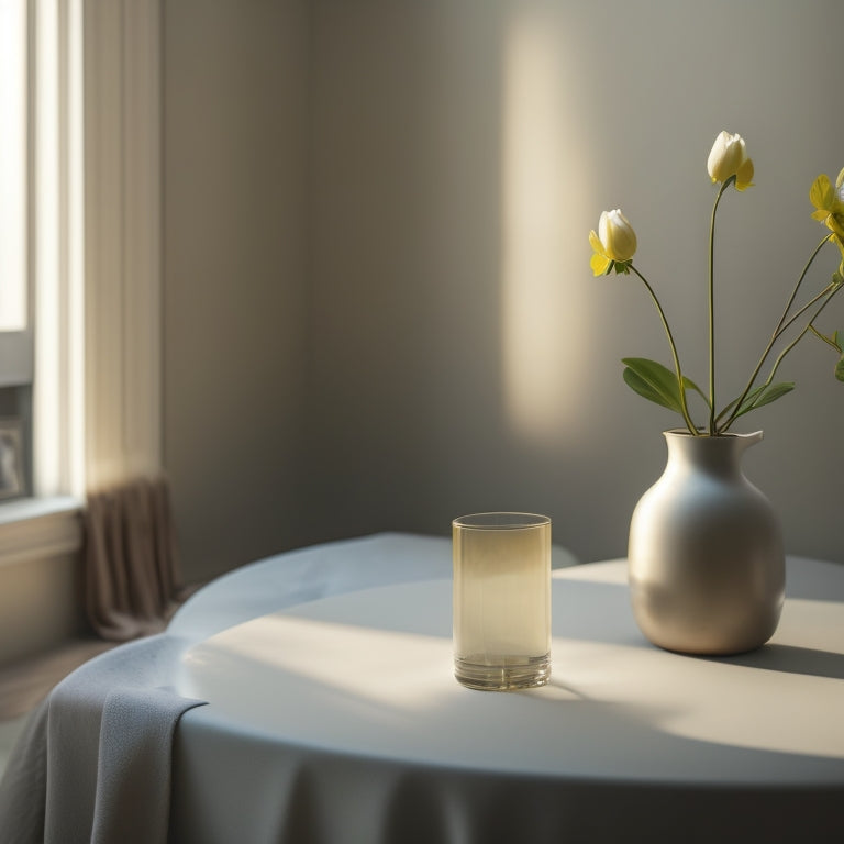 A serene, minimalist room with a few carefully chosen possessions, warm natural light, and a single, delicate flower in a small vase, surrounded by empty space and soft shadows.