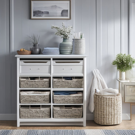 A tidy, modern dresser with multiple drawers, each showcasing a different space-saving solution, including stackable baskets, hanging organizers, and tiered inserts, against a soft, light-gray background.