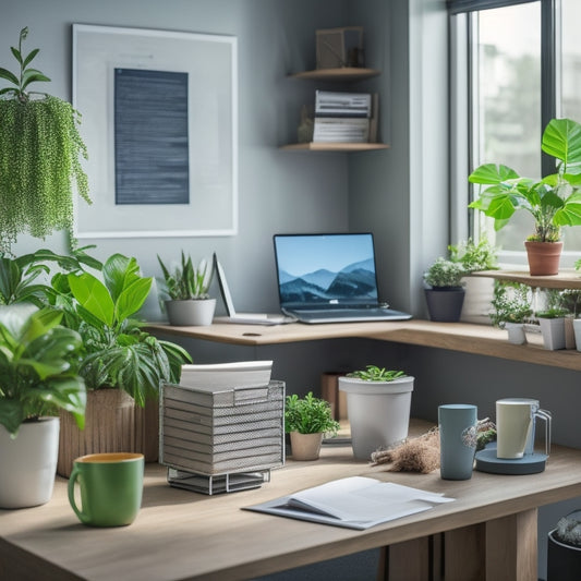 A cluttered office desk with papers, files, and coffee cups scattered around, transformed into a tidy space with a few strategically placed storage bins, a minimalist laptop stand, and a single, thriving potted plant.