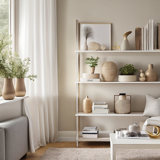 A bright, modern living room with sleek, floor-to-ceiling shelves in a light wood tone, holding decorative vases, books, and a few framed photos, amidst a calming beige and white color scheme.