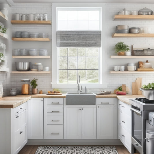 A bright, modern kitchen with white cabinets, gray countertops, and a large window. A sliding pegboard on the wall holds utensils, baskets, and a few cookbooks, with a few items slightly askew.