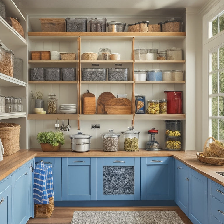 A tidy kitchen cabinet with adjustable shelves, baskets, and dividers, showcasing organized cookware, utensils, and spices, with a few strategically placed hooks and a pull-out trash can.