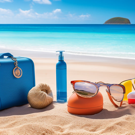 A serene ocean scene with a cruise ship in the distance, a partially unpacked suitcase on the sandy beach, and a few strategically placed items like a refillable water bottle, a sunscreen stick, and a pair of sunglasses.