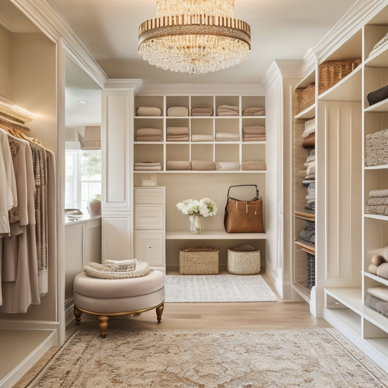 A serene, walk-in closet with cream-colored walls, dark wood shelves, and a crystal chandelier hanging from the ceiling, surrounded by reed baskets, velvet hangers, and a plush area rug.