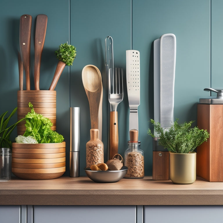 A clutter-free kitchen counter with a stainless steel utensil organizer, a wooden spice rack, a set of stackable ceramic containers, and a wall-mounted knife block, all arranged in a harmonious and functional layout.