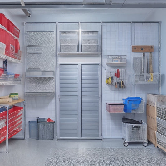 A well-organized garage interior with sleek metal shelves, labeled storage bins, and a pegboard with hanging tools, set against a clean white wall and polished concrete floor.