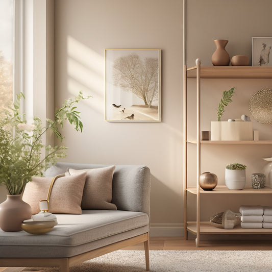 A serene, minimalist living room with a few, carefully-placed decorative objects, a tidy bookshelf, and a subtle, natural color palette, bathed in soft, warm morning light.