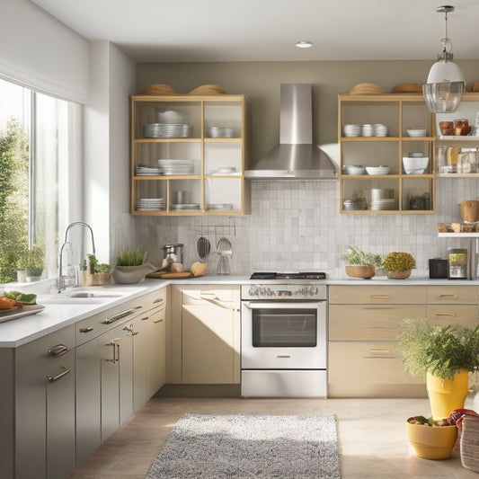 A bright, modern kitchen with sleek appliances, a wall-mounted pot rack, a retractable kitchen island, and a pull-down spice rack, surrounded by ample natural light and minimal clutter.