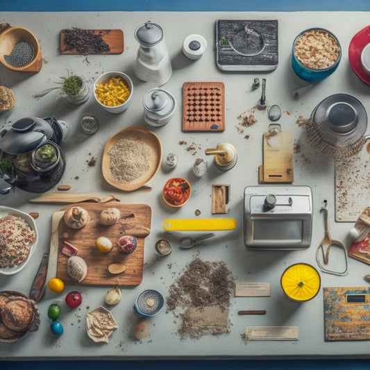 A cluttered kitchen countertop with a jumbled array of cooking gadgets, utensils, and appliances, surrounded by scattered recipe books and torn packaging, with a subtle hint of chaos and disorganization.