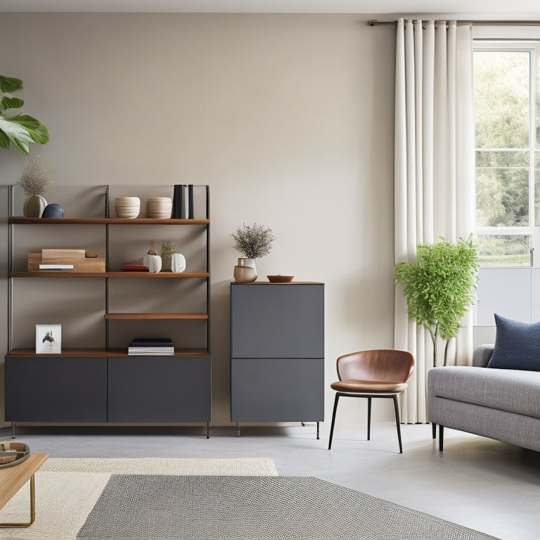 A minimalist, modern living room with a sleek, wall-mounted shelving unit, a compact, drawer-style desk, and a hidden storage ottoman, surrounded by a few, carefully-placed, minimalist decorative pieces.